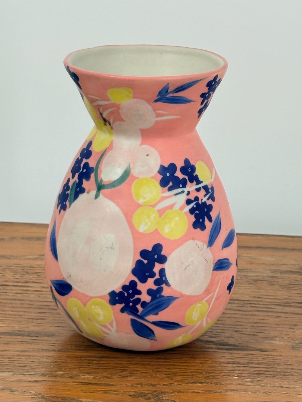 Hand-Painted Pink Floral Ceramic Vase with Blue and Yellow Accents